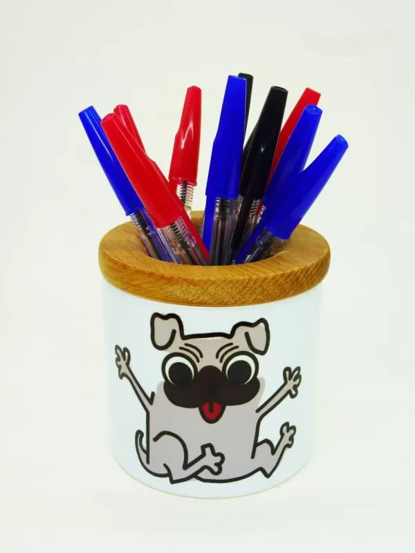 Ahşap Kapaklı Baskılı Seramik Kalemlik