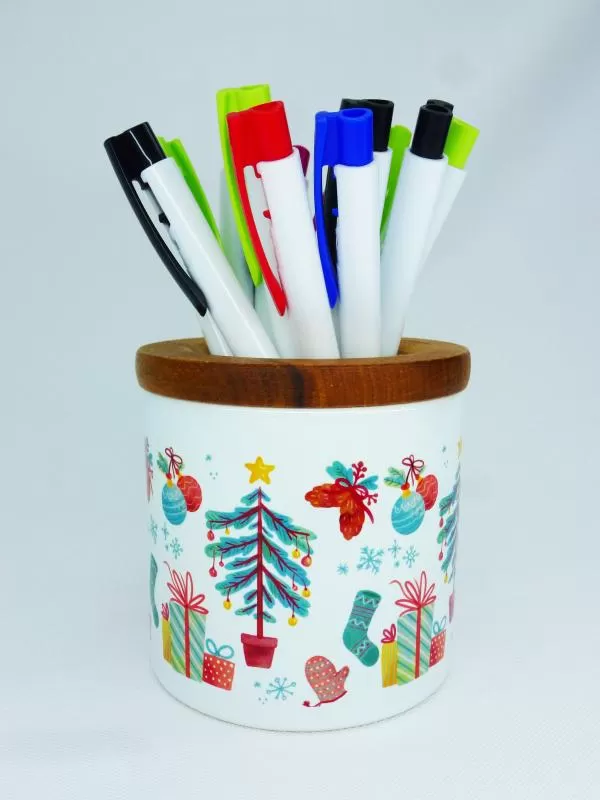 Ahşap Kapaklı Baskılı Seramik Kalemlik