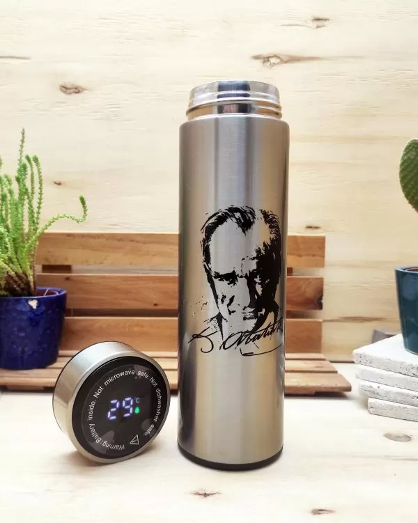 Derece Göstergeli Çelik Termos 450 ml Gri